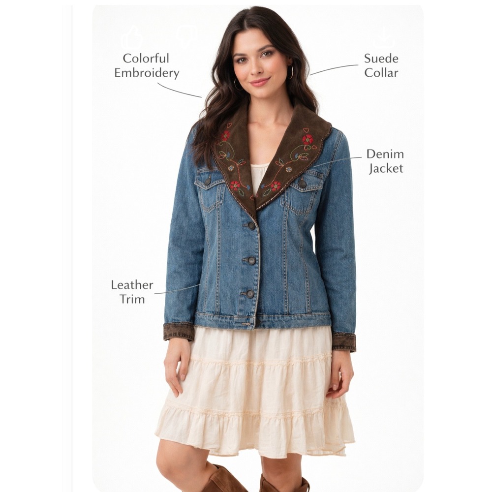 Brighton Womens Denim Jacket Embroidered Suede Collar Leather Trim Blue Medium